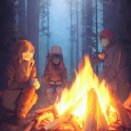 Image similar to yuru camp anime campfire hyperdetailed blue eyes, trending on artstation, cinematic lighting, highly realistically detailed, trending on pixiv , Unreal Engine 4k, detailed faces, manga cover, official anime key visual by greg rutkowski