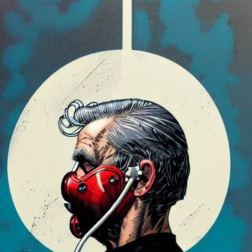 Image similar to a profile photo of an old man with a diving oxygen mask with side profile blood in ocean intricate details by MARVEL comics and Sandra Chevrier-C