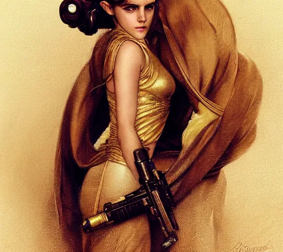 Image similar to photography of a sensual emma watson dressed like princess leia in a gold slave girl costume, deep focus, intricate, elegant, highly detailed, digital painting, artstation, concept art, matte, sharp focus, illustration, art by artgerm and greg rutkowski and alphonse mucha and gil elvgren