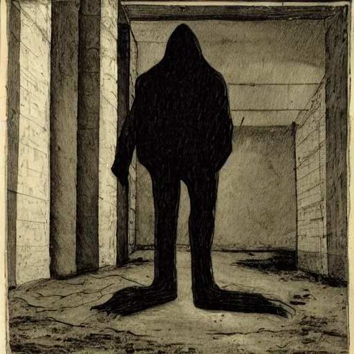 Image similar to a dark tall ominous figure standing in an abandon building, liminal, un easy, highly detailed,