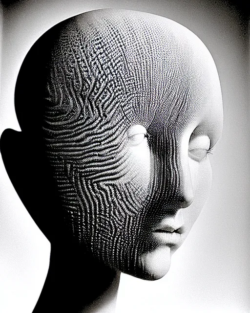 Prompt: mythical dreamy black and white organic bio - mechanical spinal ribbed profile face portrait detail of beautiful intricate monochrome angelic - human - queen - vegetal - cyborg with a visible detailed brain, grey matter and neurons, highly detailed, intricate translucent jellyfish ornate, poetic, translucent microchip ornate, photo - realistic artistic photography by man ray, ron mueck, in the style of pre - raphaelites