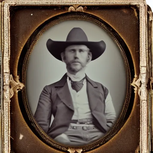 Image similar to White man with comically large cowboy hat daguerreotype