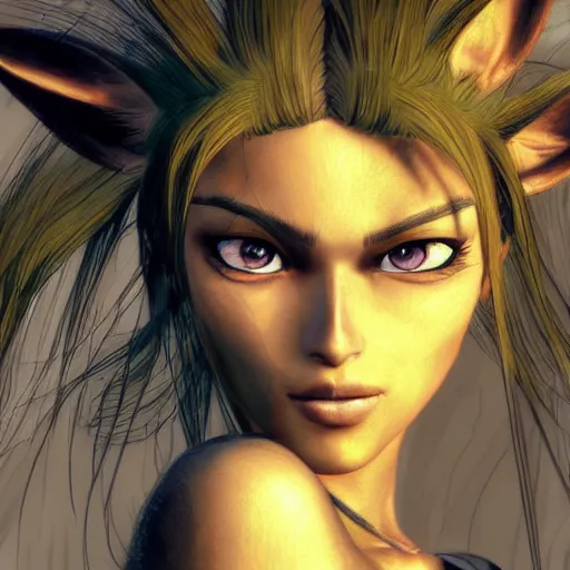 Image similar to a close-up portrait of Keira from Jak and Daxter, art by Yoji Shinkawa