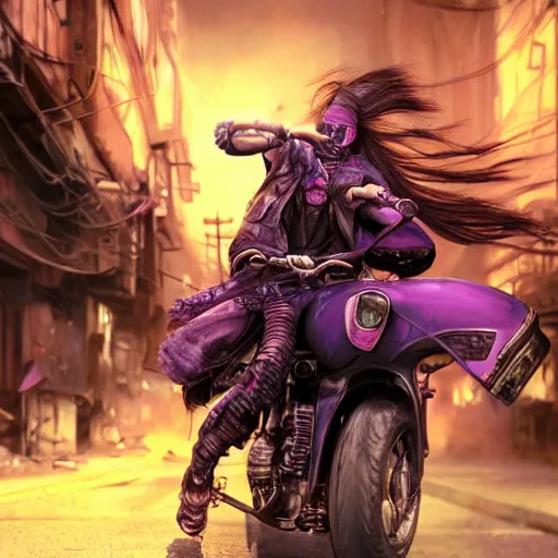 Prompt: portrait painting of a street samurai with long purple hair riding a motorcycle through a burning cyberpunk slum, glitchwave, ultra realistic, concept art, intricate details, eerie, highly detailed, photorealistic, octane render, 8 k, unreal engine. art by artgerm and greg rutkowski and nivanh chanthara