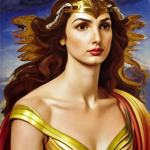 Prompt: Head and shoulders masterpiece oil painting of the beautiful goddess Gal Gadot as hera, she is wearing roman clothes and a surreal jewelry, her hair is natural disheveled, she is approaching heaven over the clouds, naturalism, dramatic lighting, high-detailed oil painting by Ilya Repin, Michelangelo da Caravaggio, William Blake, Alex Grey and Beksinski, trending on Artsation, hystorical painting, naturalism, masterpiece, 4k, 8k,