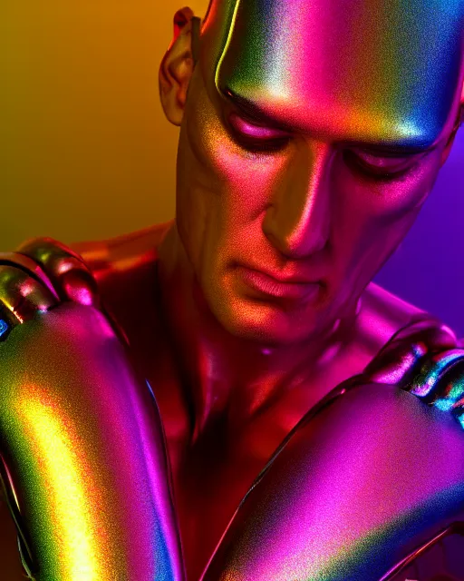 Prompt: a masculine bionic man, draped in iridescent rainbow on clear liquid gold cloth, Neil Blomkamp cinematography, soft lightning, 8k, f/2.8, octane render, unreal engine