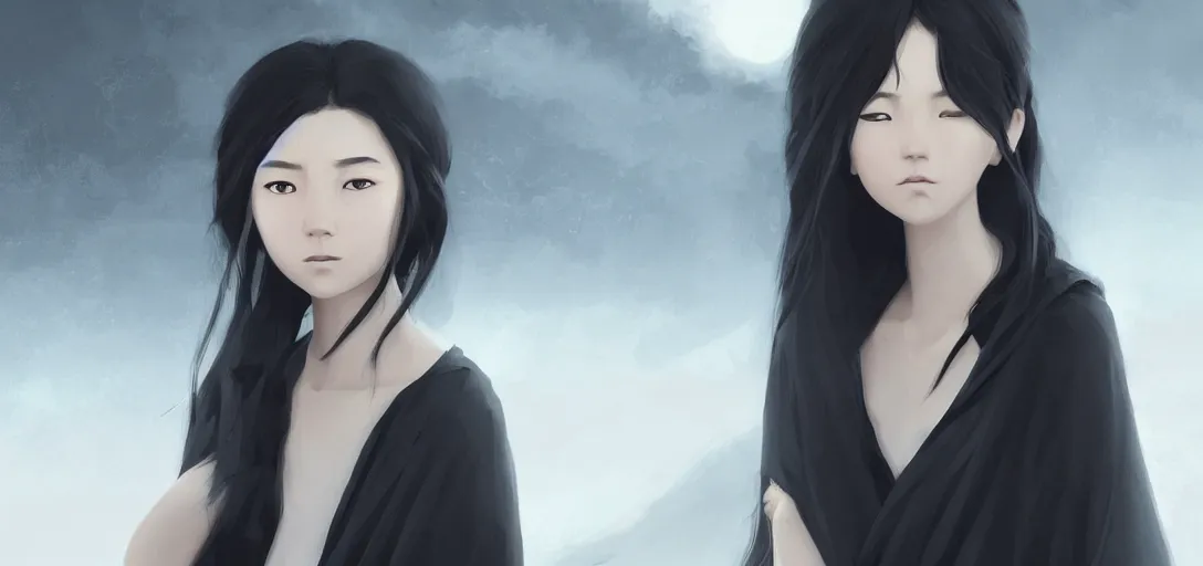 Image similar to a beautiful Tibetan woman, innocent, somber white eyes, blind, long black and white split hair,gentle lighting, storm in the distance, simple dress, digital art by Makoto Shinkai ilya kuvshinov and Wojtek Fus, digital art, concept art,