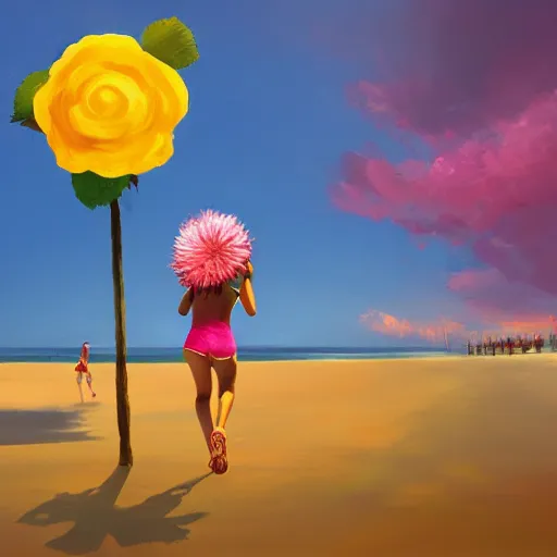 Image similar to portrait, giant rose flower head, girl running at the beach, surreal photography, sunrise, blue sky, dramatic light, impressionist painting, digital painting, artstation, simon stalenhag