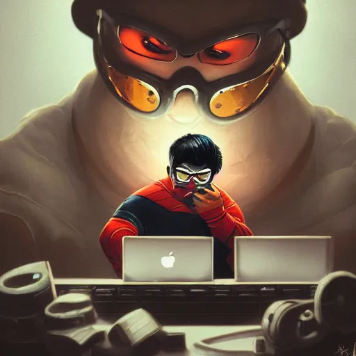 Image similar to an insanely detailed painting of a chubby nerdy asian man wearing a homemade superhero costume and mask, sitting at a computer desk typing on the keyboard, in the style of peter mohrbacher, dramatic lighting and composition, trending on artstation, concept art, comic book, graphic novel, back view