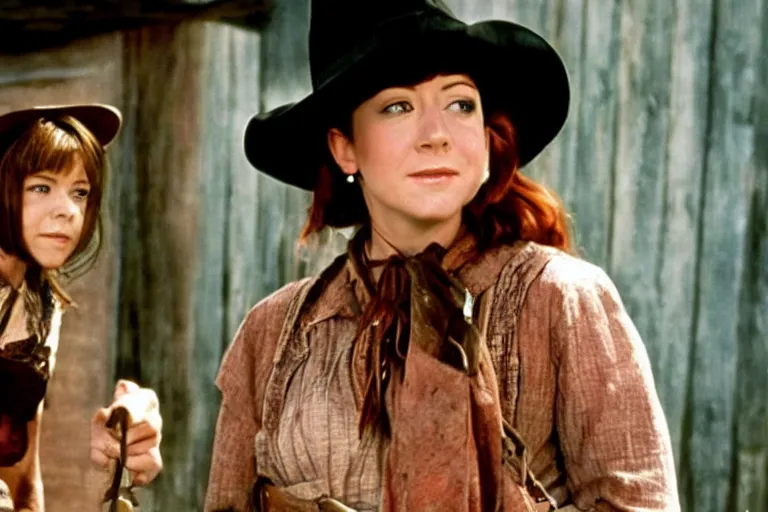 Image similar to screenshot from western movie, with young alyson hannigan