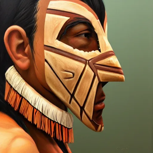 Image similar to painting portrait of a native american wearing a wooden mask, artstation, ultra detailed