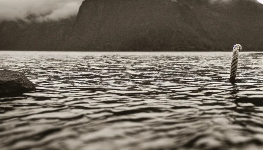 Image similar to photo of a rope on the surface of water, in the middle of a lake, overcast day, rocky foreground, 2 4 mm leica anamorphic lens, moody scene, stunning composition, hyper detailed, color kodak film stock