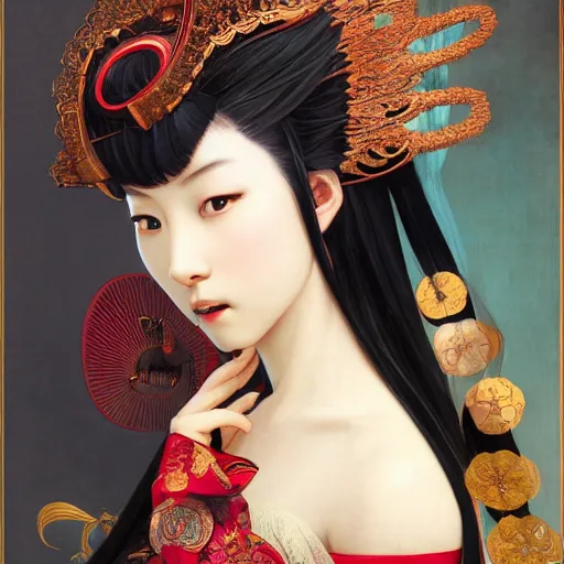 Image similar to a beautiful portrait of hatsune miku with long black and deep red colored hair dressed as a 1 st century chinese noblewoman, intricate, elegant, highly detailed, digital painting, artstation, concept art, matte, sharp focus, illustration, art by greg rutkowski and alphonse mucha