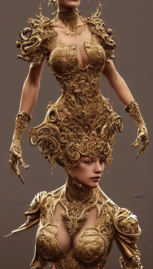 Image similar to a photo of a female in wearable sculpture art, ornate, metal works, intricate details, elegant, highly detailed, digital photography, artstation, glamor pose, concept art, smooth, sharp focus, art by artgerm and greg rutkowski, 3 d character, whole body, full body, film, photorealistic, unreal engine