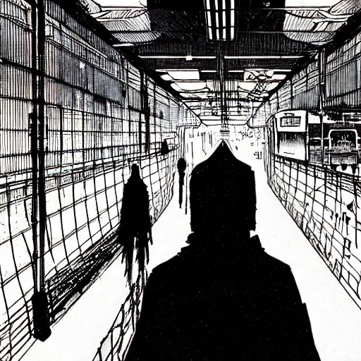 Image similar to a lonely night at the station, by Tsutomu Nihei, highly detailed