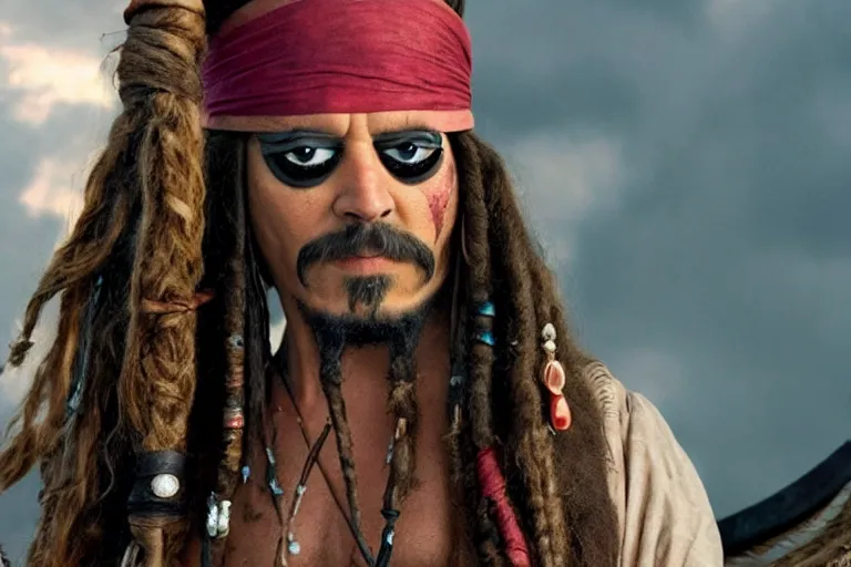 Prompt: promotional image of Homer Simpson as Captain Jack Sparrow in the new Pirates of the Carribean movie, realistic, detailed face, movie still frame, promotional image, imax 70 mm footage