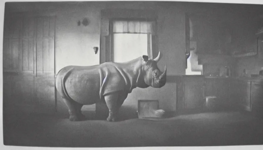 Image similar to a rhinoceros in a stalinist style kitchen, by mini dv camera, very very low quality, heavy grain, very blurry, accidental flash, webcam, caught on trail cam