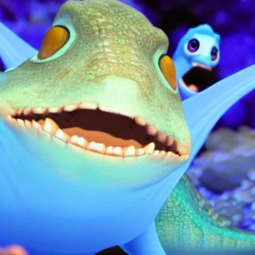 Prompt: smiling baby fish aquatic dinosaurs with glowing blue bio - phosphorescent lines throughout skin texture. rendered by pixar