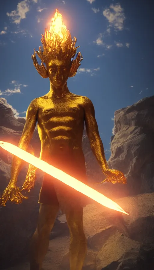 Image similar to a god made of golden fire, octane renderer, unreal engine, hyper realistic, volumetric lighting