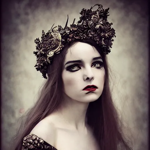 Image similar to a portrait of female model by anka zhuravleva and peter kemp, dark fantasy, ornate headpiece, dark beauty, photorealistic, canon r 3,