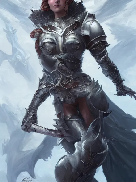 Image similar to a beautiful hyper realistic detailed epic concept art showing a noble knight women with her fist up and her spirit of the great raccoon gradian above her, by artgerm, charlie bowater, in the style of dragon age, featured on artstation