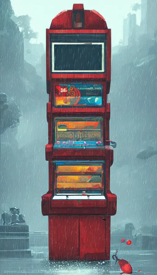 Image similar to videogame cabinet begging for coins in the rain, sharp focus, james gilleard, cinematic, game art, extremely detailed digital painting, print