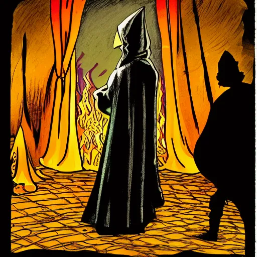 Image similar to full page detailed colored illustration of shadowy man in a dark cloak in front of fire