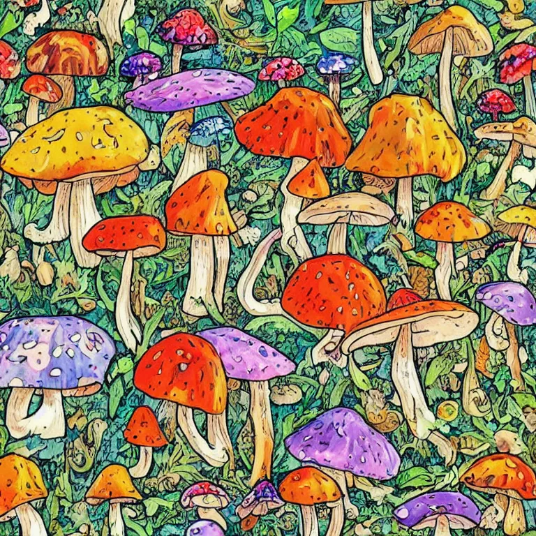 Prompt: a bunch of mushrooms that are on the ground, a jigsaw puzzle by ursula wood, pinterest contest winner, ecological art, psychedelic, colorful, i can't believe how beautiful this is, seamless pattern, tiling texture