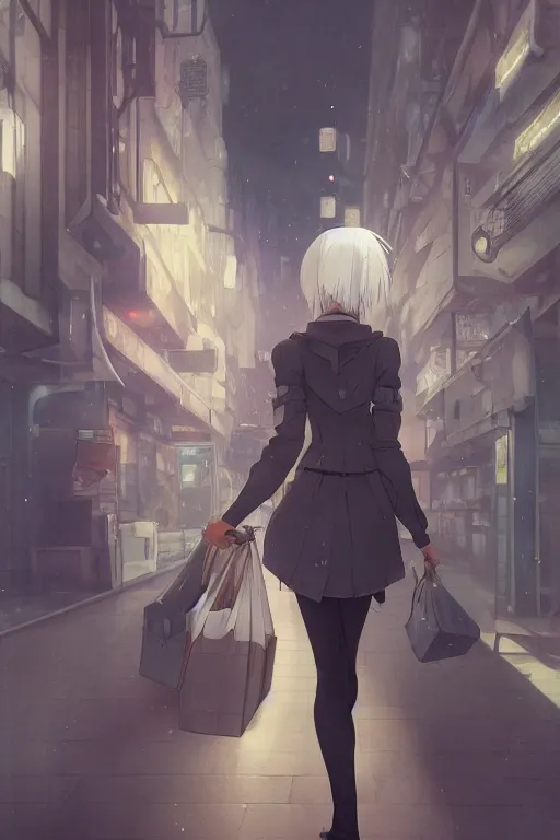 Image similar to a white haired girl with a guitar on her back shopping at a convenience store at night, grey and dark theme, s line, 4 5 angel by krenz cushart and mucha and makoto shinkai and akihito yoshida and greg rutkowski, nier : automata inspired, 4 k resolution