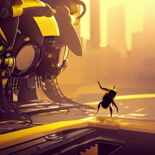 Image similar to mechanical bumble bee cyborg parts ultra detailed, concept art, octane render, volumetric lighting, in style of Beeple
