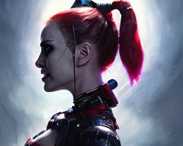 Prompt: highly detailed portrait of natalie portman as harley quinn, in batman : arkham knight, stephen bliss, unreal engine, fantasy art by greg rutkowski, loish, rhads, ferdinand knab, makoto shinkai and lois van baarle, ilya kuvshinov, rossdraws, tom bagshaw, global illumination, radiant light, detailed and intricate environment