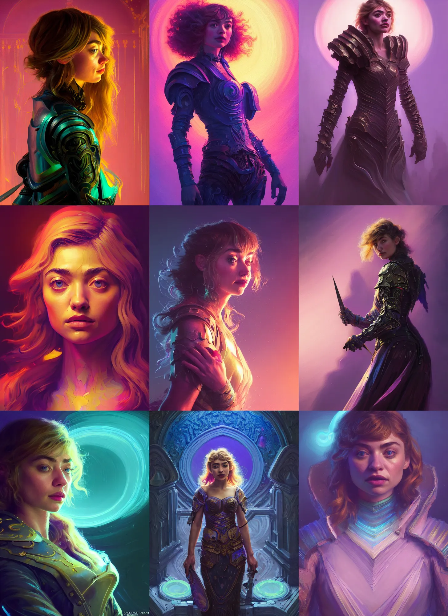 Prompt: imogen poots, paladin, gloomhaven, organic painting, hard edges, neon, psychedelic, art nouveau, sharp focus, trending on artstation, 8 k realistic digital art, cryengine, symmetric, frostbite 3 engine, octane render, by greg manchess, gil elvgren, sachin teng, greg rutkowski, ilya kuvshinov