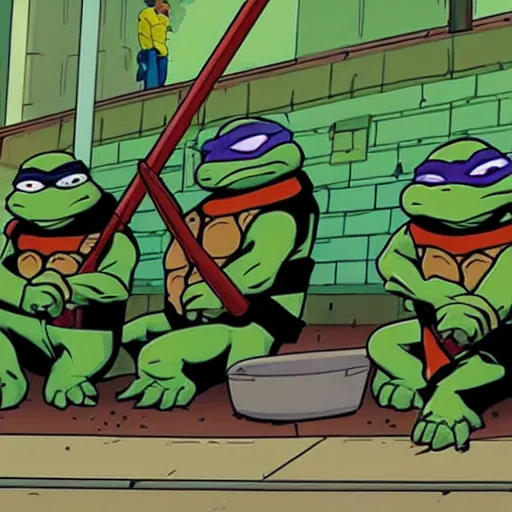 Image similar to Epic shot of Teenage Mutant Ninja Turtles coming out from the sewers