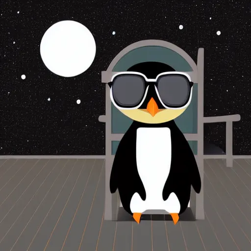 Prompt: digital art of a black and white penguin sitting in a wooden chair with sunglasses on at night! black blackground with some stars and a light coming from above, vector art by tom whalen, trending on polycount, neo - dada, chillwave, global illumination, synthwave