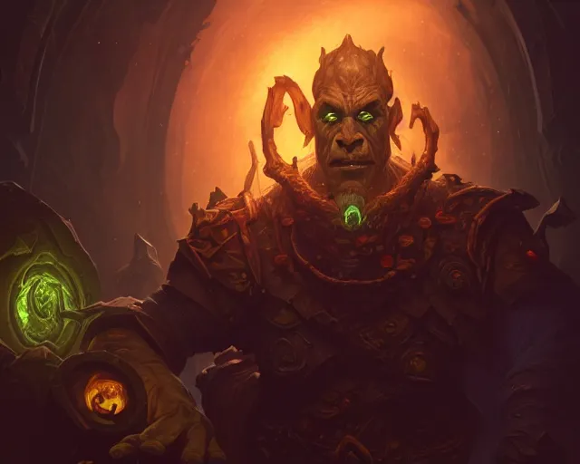 Image similar to a 4 k cinematic screenshot still portrait of a orc in a dark liminal space room surrounded by amber glow, deep focus, d & d, fantasy, intricate, elegant, highly detailed, digital painting, art station, concept art, matte, sharp focus, illustration, dark fantasy style art, hearthstone, art by artgerm and greg rutkowski and alphonse mucha