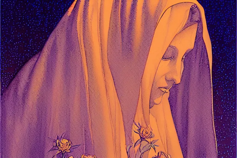 Image similar to a hyperrealist watercolour character concept art portrait of the virgin mary on well lit misty night in las vegas, nevada. sacred geometry lines faint in the background. roses adorn. by rebecca guay, michael kaluta, charles vess and jean moebius giraud