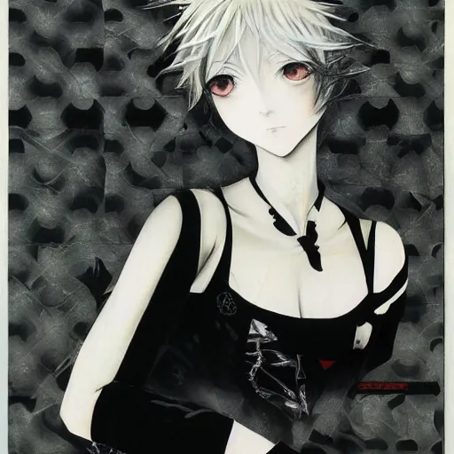 Image similar to Yoshitaka Amano realistic illustration of an anime girl with short white hair and black eyes wearing tuxedo, abstract black and white patterns on the background, noisy film grain effect, highly detailed, Renaissance oil painting