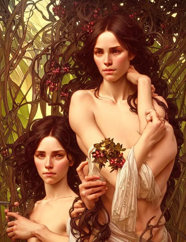 Image similar to portrait of biblical adam and eve, headshot, intricate, highly detailed, digital painting, artstation, concept art, sharp focus, cinematic lighting, illustration, art by artgerm and greg rutkowski, alphonse mucha, cgsociety