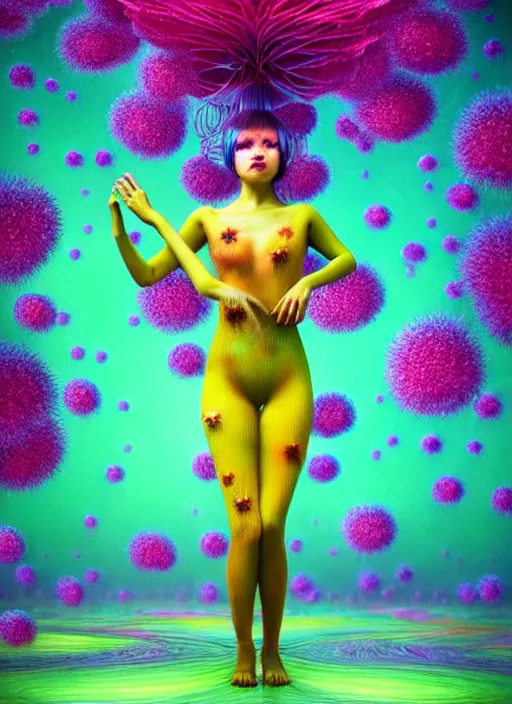 Image similar to hyper detailed 3d render like a Oil painting - kawaii Aurora (Singer) seen Eating of the Strangling network of colorful yellowcake and aerochrome and milky Fruit and Her delicate Hands hold of gossamer polyp blossoms bring iridescent fungal flowers whose spores black the foolish stars by Jacek Yerka, Mariusz Lewandowski, Houdini algorithmic generative render, Abstract brush strokes, Masterpiece, Edward Hopper and James Gilleard, Zdzislaw Beksinski, Mark Ryden, Wolfgang Lettl, Dan Hiller, hints of Yayoi Kasuma, octane render, 8k