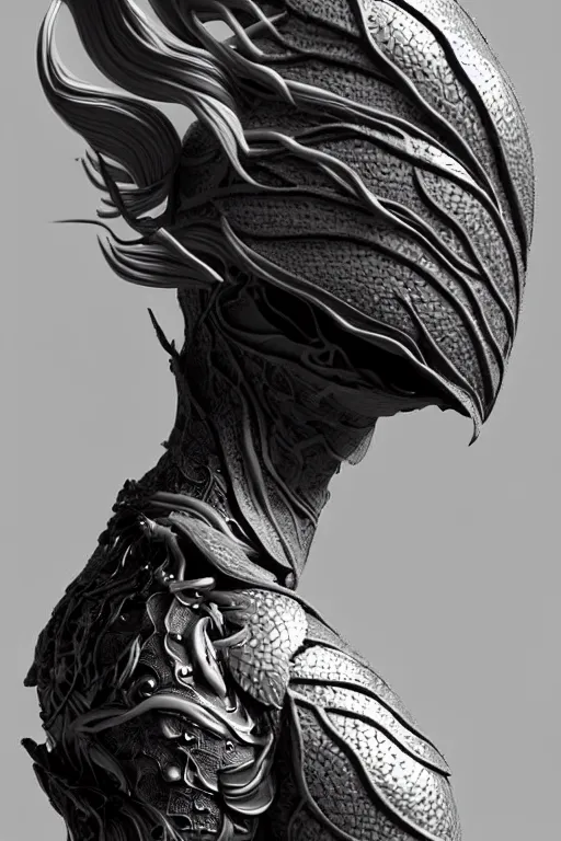 Image similar to bw close - up profile face, black background, beautiful young porcelain vegetal - dragon - cyborg - female, 1 5 0 mm, beautiful natural soft rim light, silver gold details, magnolia leaves and stems, roots, mandelbot fractal, elegant, ultra detailed, white metallic armour, octane render, dora maar