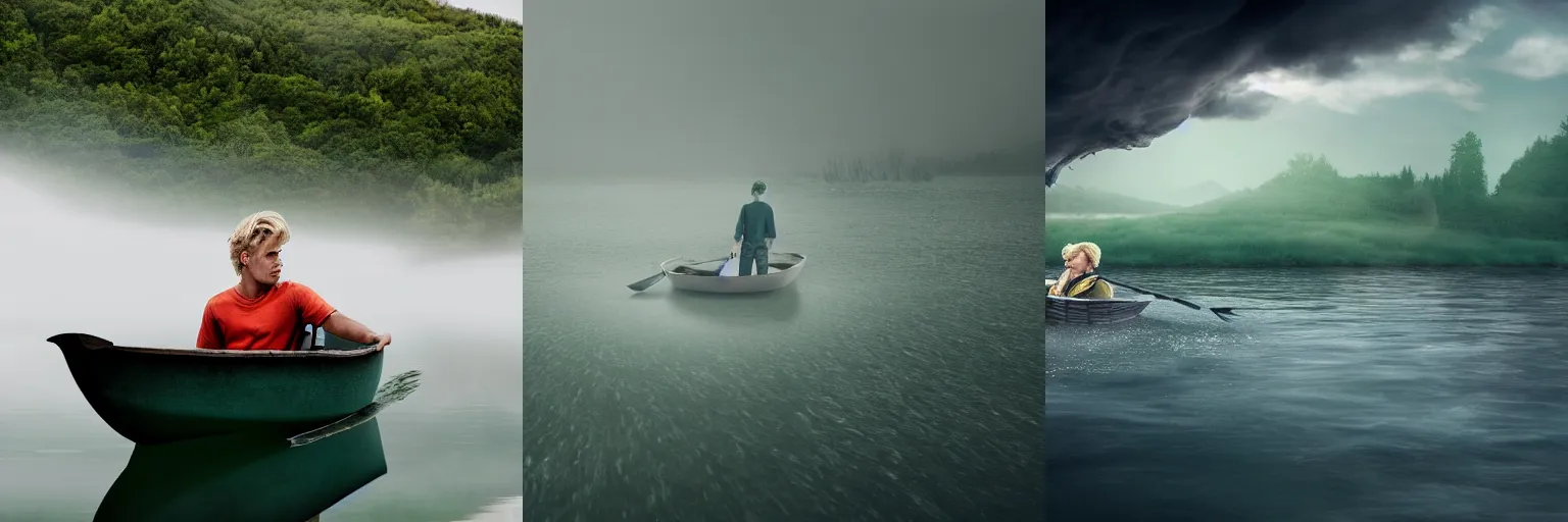 Prompt: A male short hair blonde male in a small boat fights a huge monster on a lake with lots of fog and green mood