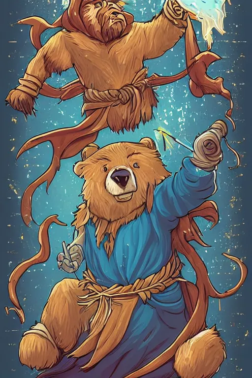 Image similar to Portrait of a bear that is a wizard casting a spell , wizard, medieval, sticker, colorful, casting epic spell, magic the gathering artwork, D&D, fantasy, artstation, heroic pose, illustration, highly detailed, simple, smooth and clean vector curves, no jagged lines, vector art, smooth