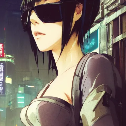 Image similar to a film still of a japanese cyberpunk girl with a smirk, finely detailed features, aviators, closeup at the faces, dramatic cinematic, at cyberpunk city, ghost in the shell, trending on pixiv fanbox, painted by greg rutkowski makoto shinkai takashi takeuchi craig mullins, alphonse mucha, studio ghibli, pixiv