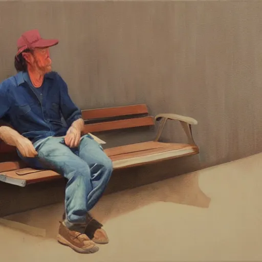 Image similar to a painting of a person sitting on a bench, a photorealistic painting by richard hamilton, behance contest winner, american scene painting, matte drawing, dystopian art, oil on canvas