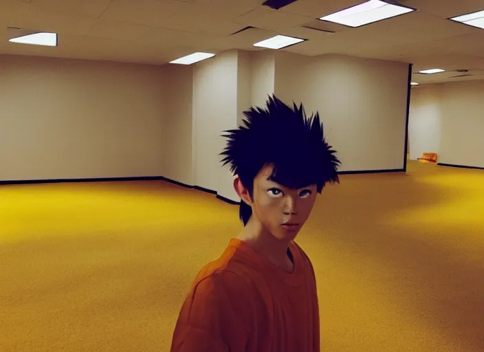 Image similar to low quality photo of real life version of son goku in the backrooms, mono - yellow old moist carpet randomly connected infinite empty office space yellow colors warm light scary