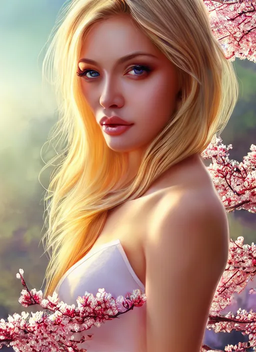 Image similar to photo of a gorgeous blonde female in the style of stefan kostic, realistic, half body shot, sharp focus, 8 k high definition, insanely detailed, intricate, elegant, art by stanley lau and artgerm, extreme blur cherry blossoms background