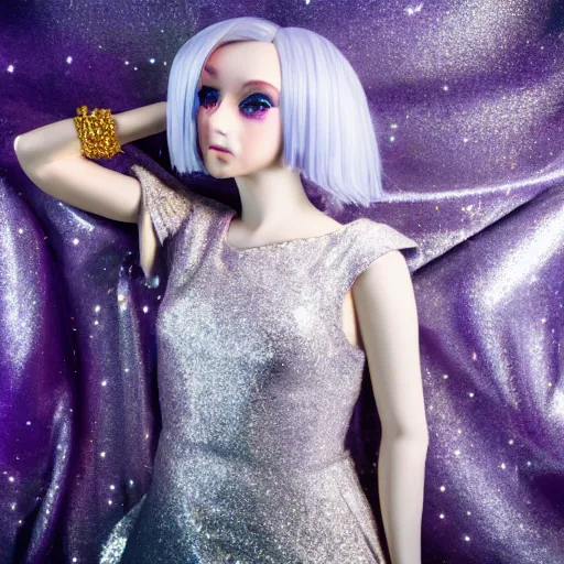 Image similar to girl with silver-violet hair, white eyes and golden glittery dress, wide lens, diorama, 4k,