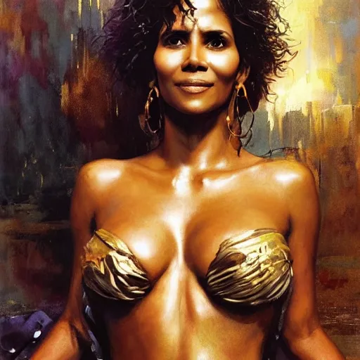 Image similar to highly detailed portrait of halle berry, d & d. wearing a bikini, art by donato giancola, eugene delacroix, ruan jia, carl larsson, peter mohrbacher. trending on artstation, intricate details, energetic composition, golden ratio, concept art, illustration, elegant art, global illuminaition