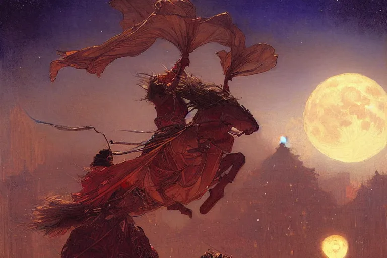 Image similar to wuxia, moon, roof, night, painting by gaston bussiere, craig mullins, j. c. leyendecker