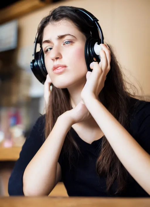 Prompt: young adult woman in a coffee shop wearing headphones looking bored, natural light, magazine photo, 5 0 mm lens